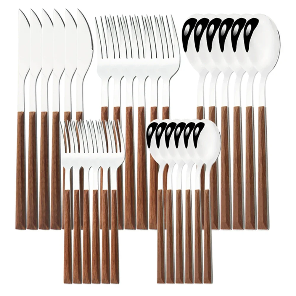 16/24/30Pcs Stainless Steel Imitation Wooden Handle Cutlery Set Dinnerware Clamp Western Tableware Knife Fork Tea Spoon 16/24/30Pcs Stainless Steel Imitation Wooden Handle Cutlery Set Dinnerware Clamp Western Tableware Knife Fork Tea Spoon