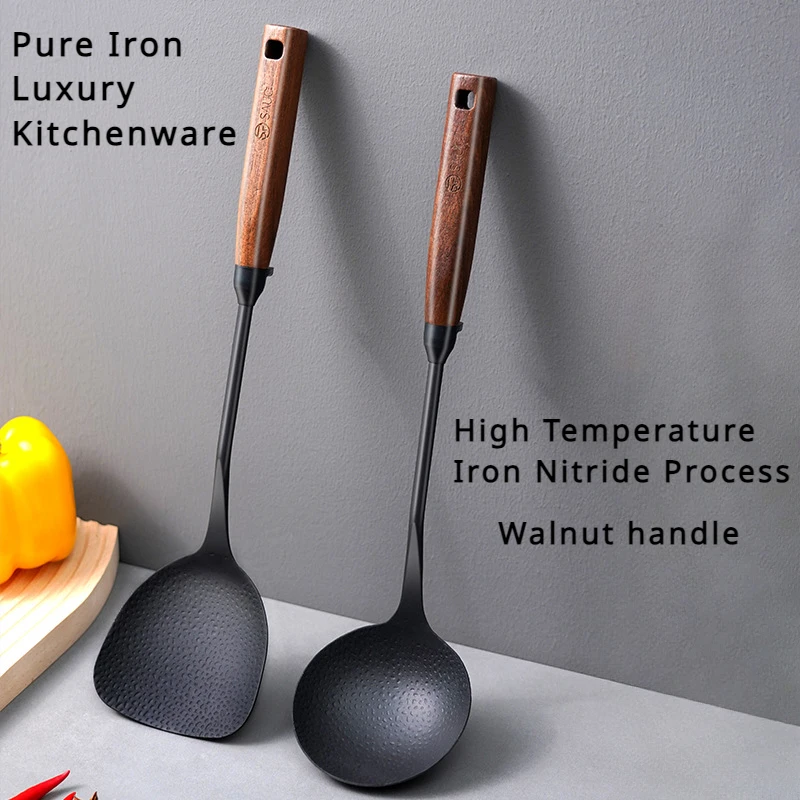 Cast Iron Spatula Long Spoon Deluxe Walnut Handle Cooking Tool Nonstick Special Kitchenware Accessories Cooking Spatula Spoon