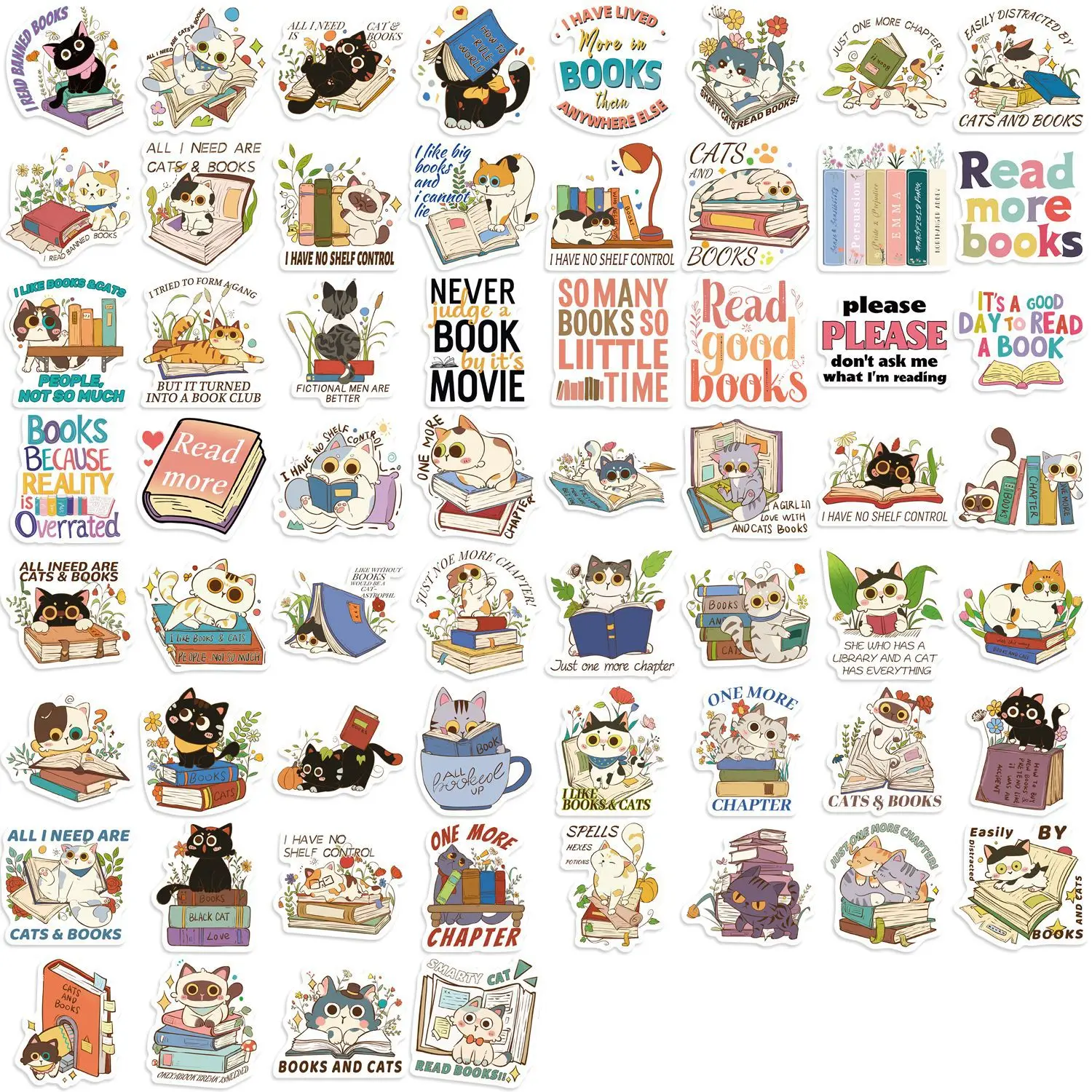 60pcs Cats and Books Cartoon Graffiti Stickers Phone Guitar Laptop Notebook Suitcase Water Bottles Waterproof Sticker Kids Toys