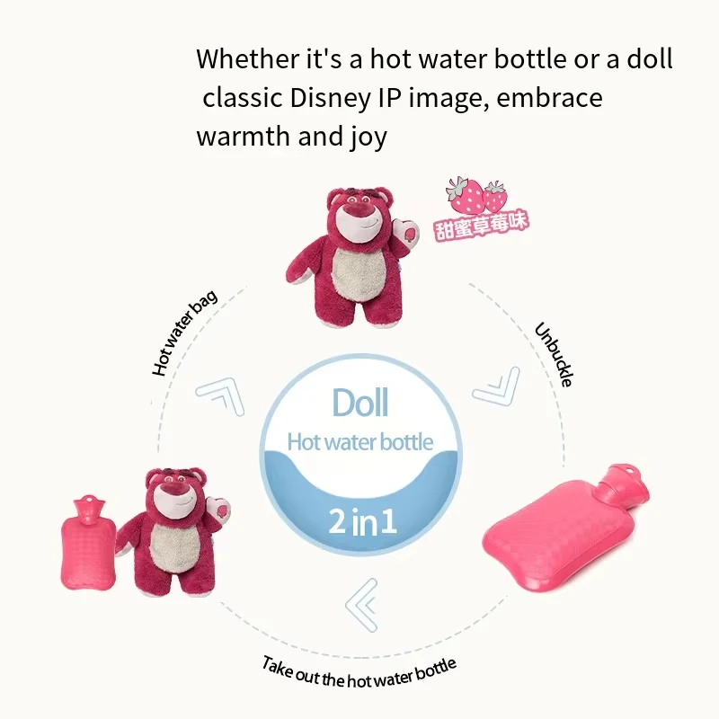 Strawberry Bear Stitch Hot Water Bottle Cute Plush Warm Bag Winter Gift for Girls Dorm Essential