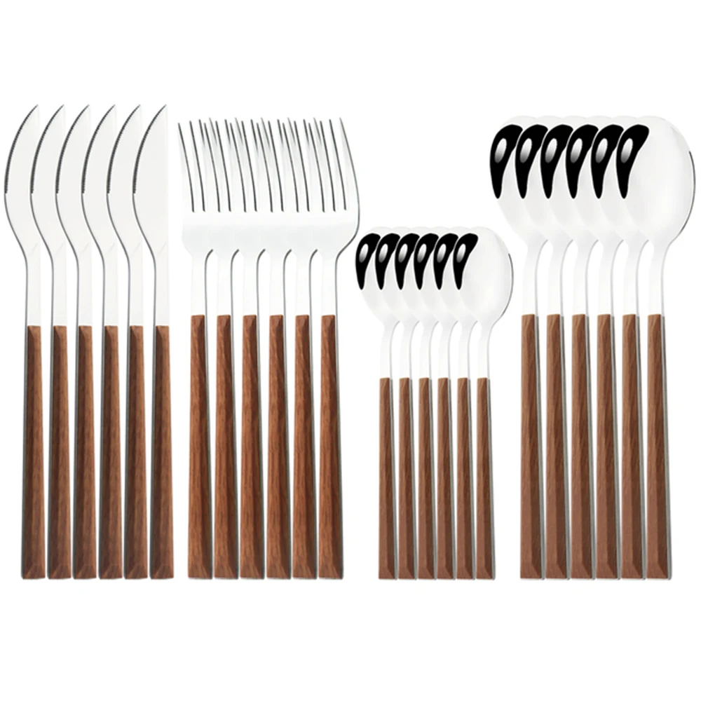 Imitation Wood Handle Cutlery Set Western Stainless Steel Tableware Set 16/24/30Pcs Kitchen Knife Fork Spoon Dinnerware Set Imitation Wood Handle Cutlery Set Western Stainless Steel Tableware Set 16/24/30Pcs Kitchen Knife Fork Spoon Dinnerware Set