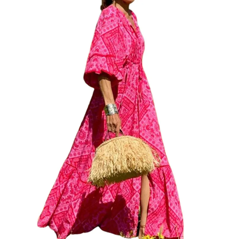 BAMBOOBOY Summer High-waisted Tied Loose-fit Long Dress Side Slit 3/4 Sleeve Printing V-neck Bohemian Casual Red Sundress