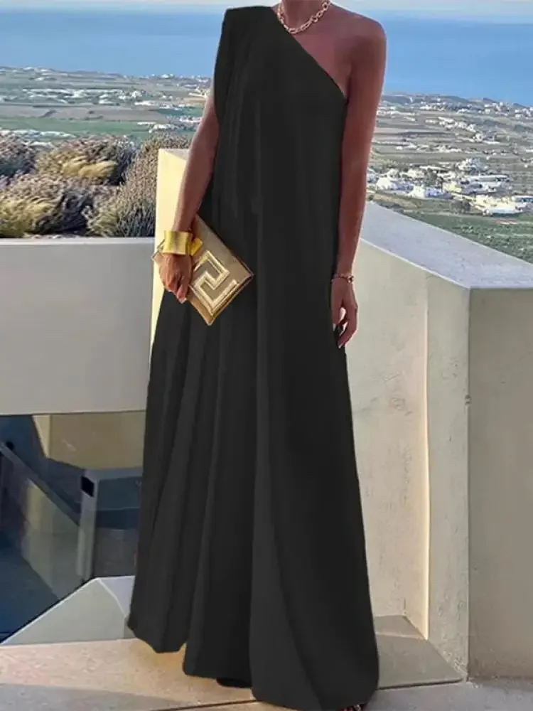 Yeezzi Women's Solid Color Summer One-Shoulder Maxi Dresses 2025 New Loose Asymmetrical Urban Elegant Party Evening Long Dress Yeezzi Women's Solid Color Summer One-Shoulder Maxi Dresses 2025 New Loose Asymmetrical Urban Elegant Party Evening Long Dress
