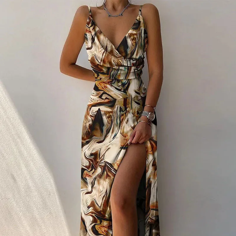 Long Dress Women's 2024 Summer Sleeveless Sexy Suspender V-Neck Slit Printed Dress Long Dress Women's 2024 Summer Sleeveless Sexy Suspender V-Neck Slit Printed Dress