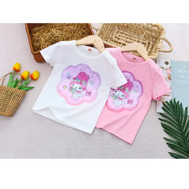 Sanrio Girl Short Sleeve T-Shirt Hello Kitty Kuromi Cinnamoroll Girls' Cotton Material T-shirt Multi Colored Cartoon Pattern Top