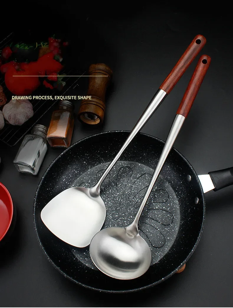 304 Stainless Steel Spatula Spoon With Wooden Handle Lengthened Cooking Spoon Anti-Scalding Cooking Shovel Kitchenware 304 Stainless Steel Spatula Spoon With Wooden Handle Lengthened Cooking Spoon Anti-Scalding Cooking Shovel Kitchenware