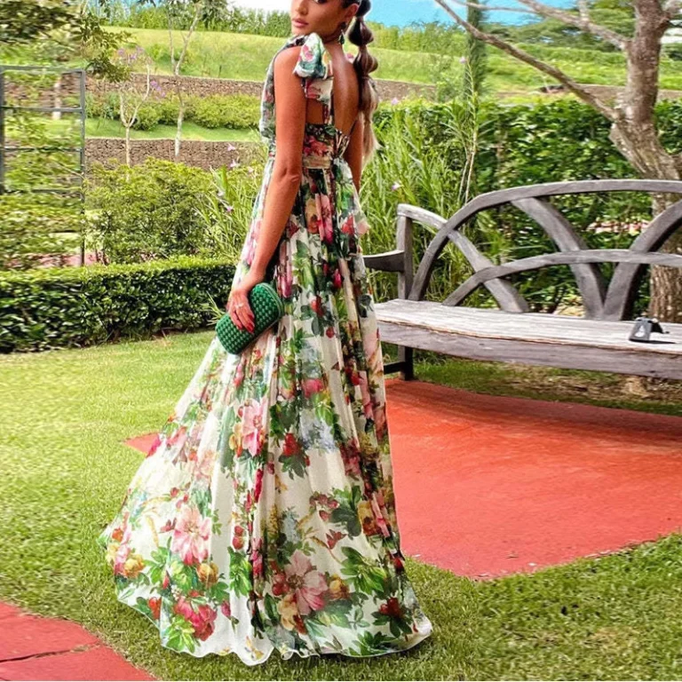 BAMBOOBOY Summer High-waisted Tied Loose-fit Long Dress Side Slit 3/4 Sleeve Printing V-neck Bohemian Casual Red Sundress