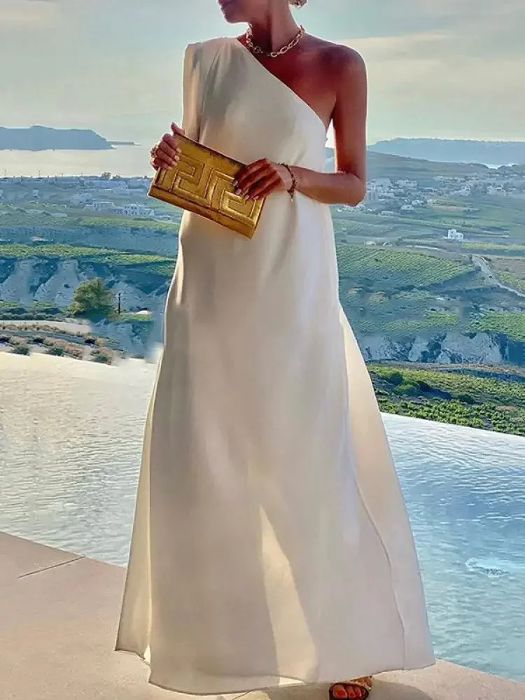 Yeezzi Women's Solid Color Summer One-Shoulder Maxi Dresses 2025 New Loose Asymmetrical Urban Elegant Party Evening Long Dress Yeezzi Women's Solid Color Summer One-Shoulder Maxi Dresses 2025 New Loose Asymmetrical Urban Elegant Party Evening Long Dress