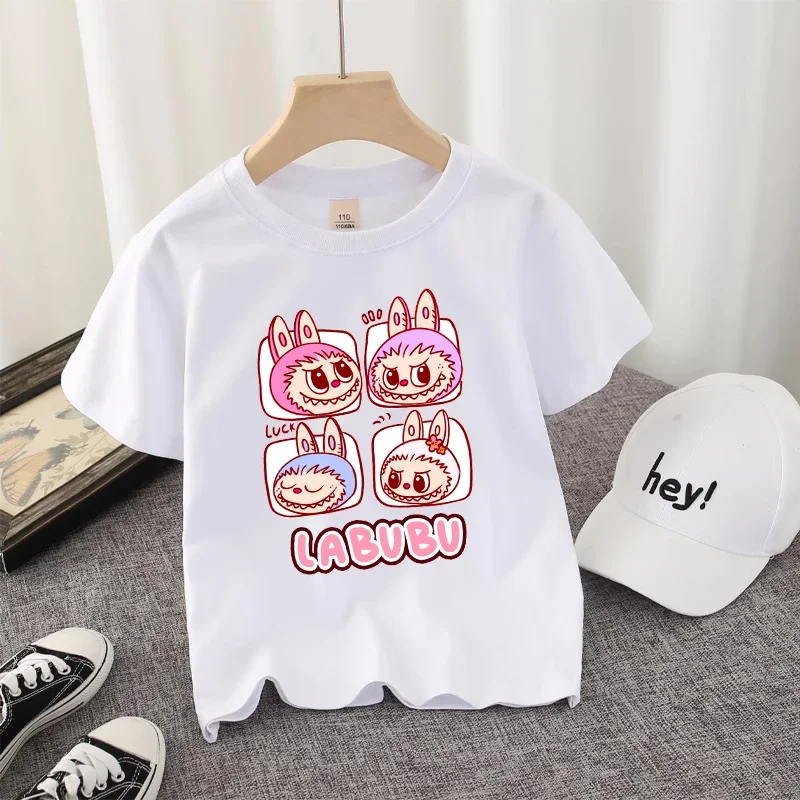 Labubu Kids T-shirt Cotton Cute Anime Print Tees Short Sleeve Kawaii Pink Cartoon Girl Summer Casual Clothes Birthday Party Gift