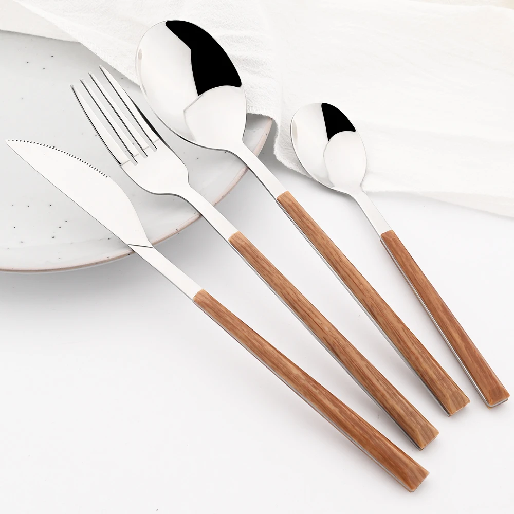 Imitation Wood Handle Cutlery Set Western Stainless Steel Tableware Set 16/24/30Pcs Kitchen Knife Fork Spoon Dinnerware Set Imitation Wood Handle Cutlery Set Western Stainless Steel Tableware Set 16/24/30Pcs Kitchen Knife Fork Spoon Dinnerware Set