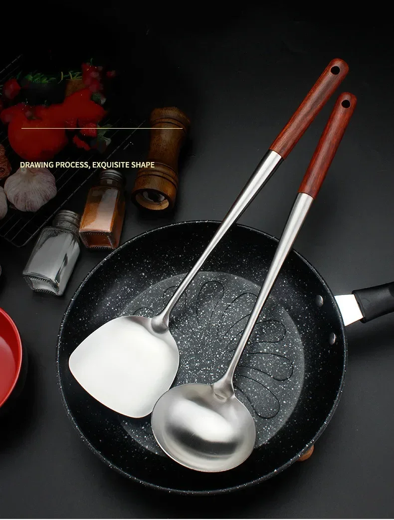 304 Stainless Steel Spatula Spoon With Wooden Handle Lengthened Cooking Spoon Anti-Scalding Cooking Shovel Kitchenware 304 Stainless Steel Spatula Spoon With Wooden Handle Lengthened Cooking Spoon Anti-Scalding Cooking Shovel Kitchenware