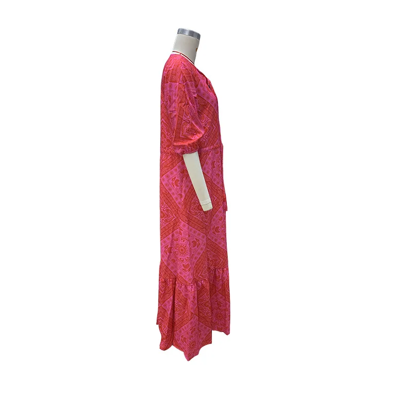 BAMBOOBOY Summer High-waisted Tied Loose-fit Long Dress Side Slit 3/4 Sleeve Printing V-neck Bohemian Casual Red Sundress
