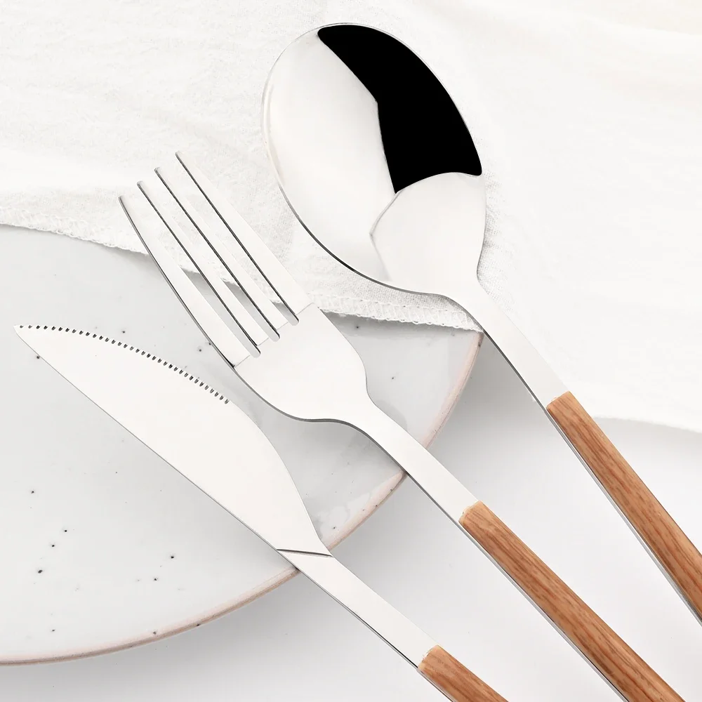 16/24/30Pcs Stainless Steel Imitation Wooden Handle Cutlery Set Dinnerware Clamp Western Tableware Knife Fork Tea Spoon 16/24/30Pcs Stainless Steel Imitation Wooden Handle Cutlery Set Dinnerware Clamp Western Tableware Knife Fork Tea Spoon