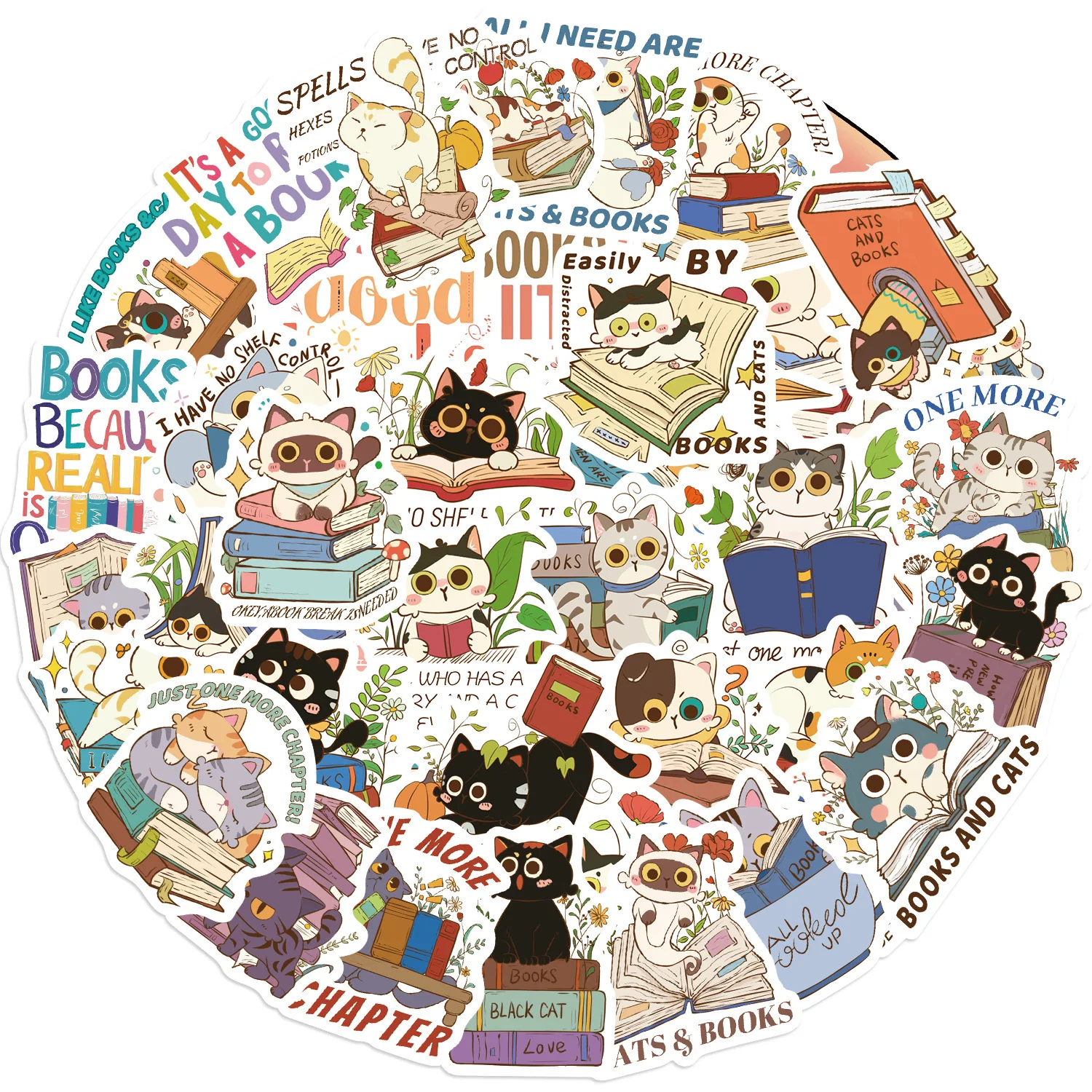 60pcs Cats and Books Cartoon Graffiti Stickers Phone Guitar Laptop Notebook Suitcase Water Bottles Waterproof Sticker Kids Toys