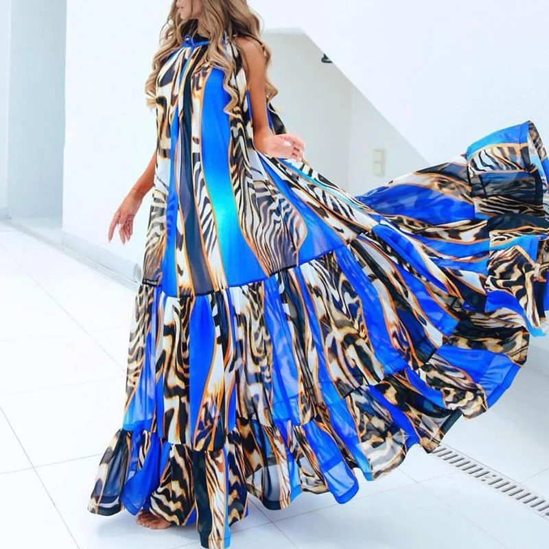 Sexy Summer Party Dress Women Fashion Bow Straps High Waist Pleated Beach Dress Chiffon Casual Floral Print Bohemian Long Dress Sexy Summer Party Dress Women Fashion Bow Straps High Waist Pleated Beach Dress Chiffon Casual Floral Print Bohemian Long Dress