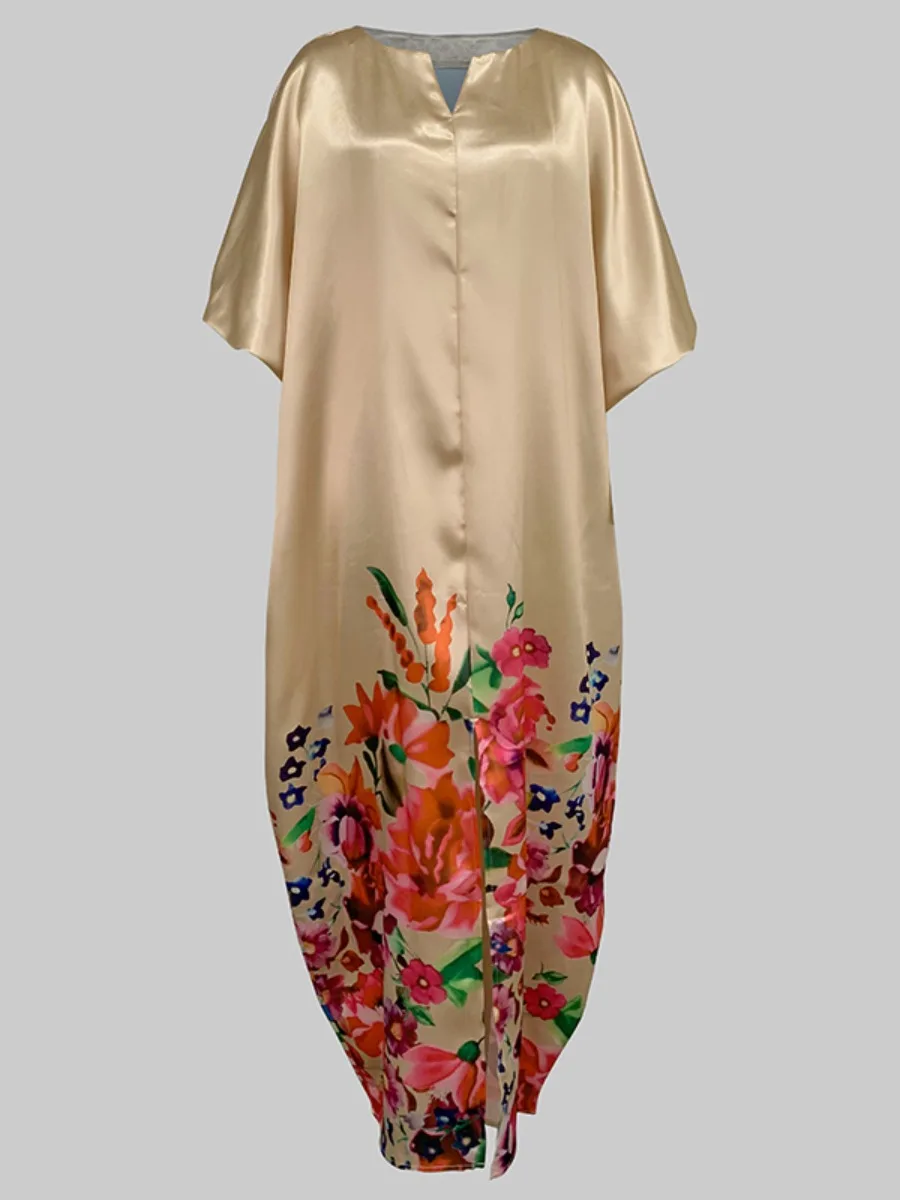 Bonboho Women's Long Dress 2024 Fashion Round Neck Puff Sleeves Floral Print Evening Dresses Split-front Loose Fit Party Dress