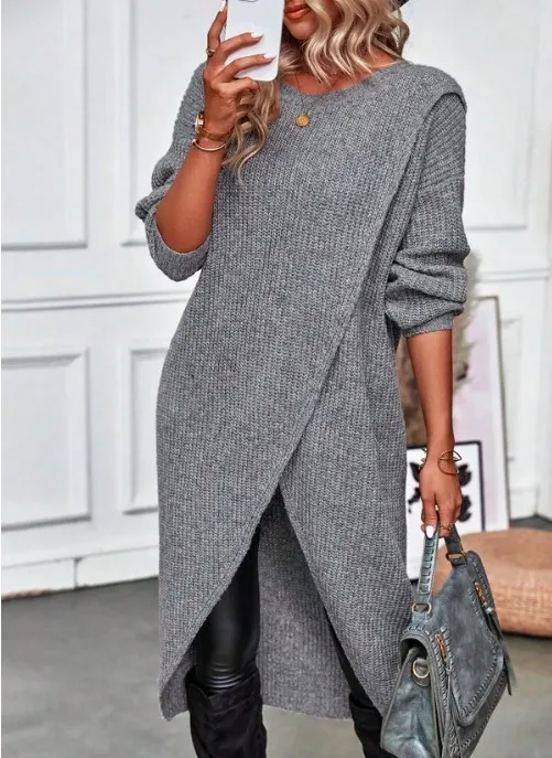 Women's Autumn Knitted Long Dress Solid Color Round Neck Pullover Long Sleeve Slim Temperament Commuting Irregular Dress Jacket Women's Autumn Knitted Long Dress Solid Color Round Neck Pullover Long Sleeve Slim Temperament Commuting Irregular Dress Jacket