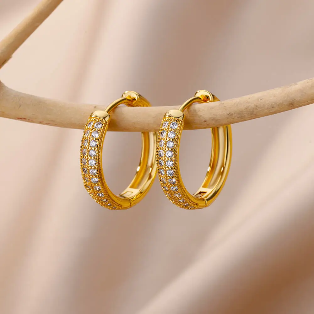 Shiny Zircon Circle Square Hoop Earrings for Women Gold Color Stainless Steel Earrings Luxury Christmas Jewelry Wedding aretes Shiny Zircon Circle Square Hoop Earrings for Women Gold Color Stainless Steel Earrings Luxury Christmas Jewelry Wedding aretes