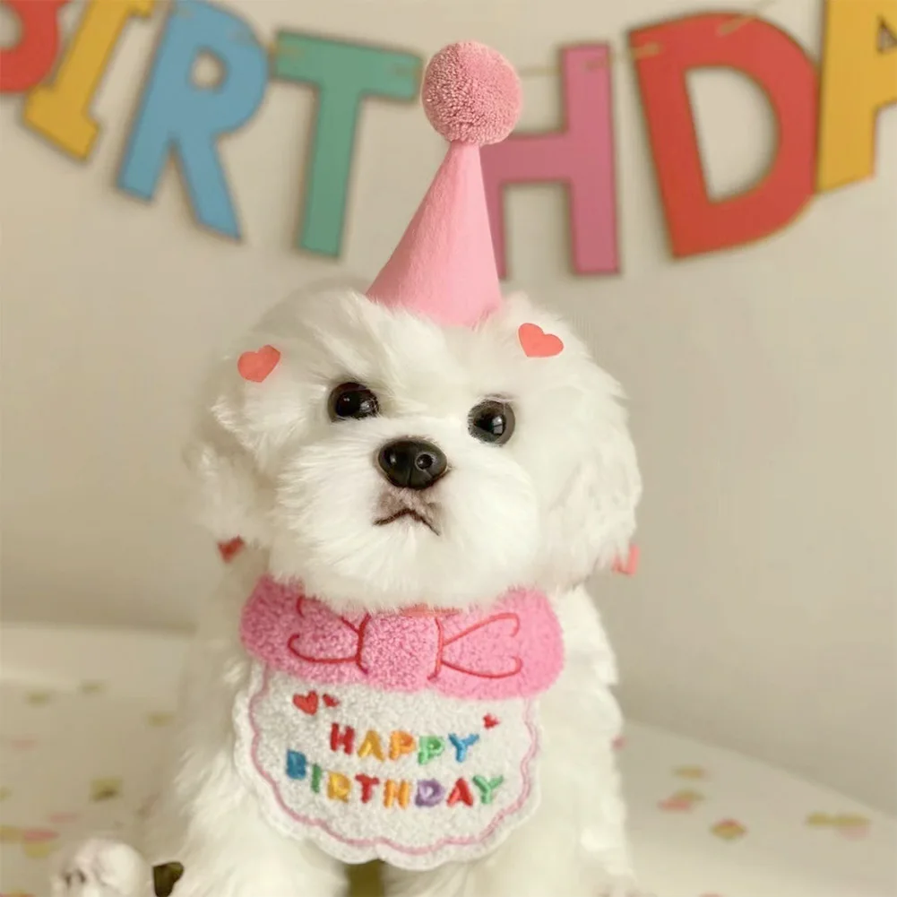 Pet Birthday Scarf Happy Birthday Hat Embroidered Bib Pet Dog Costume Accessory for Party Pet Holiday Birthday Decoration Gifts