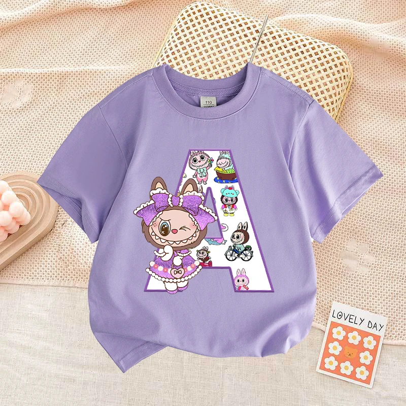 Labubu Letter A-Z Print T-shirt Cotton Summer Outdoor Wear Short Sleeve Girls Clothes Cute Top Cartoon Children Clothing Toddler
