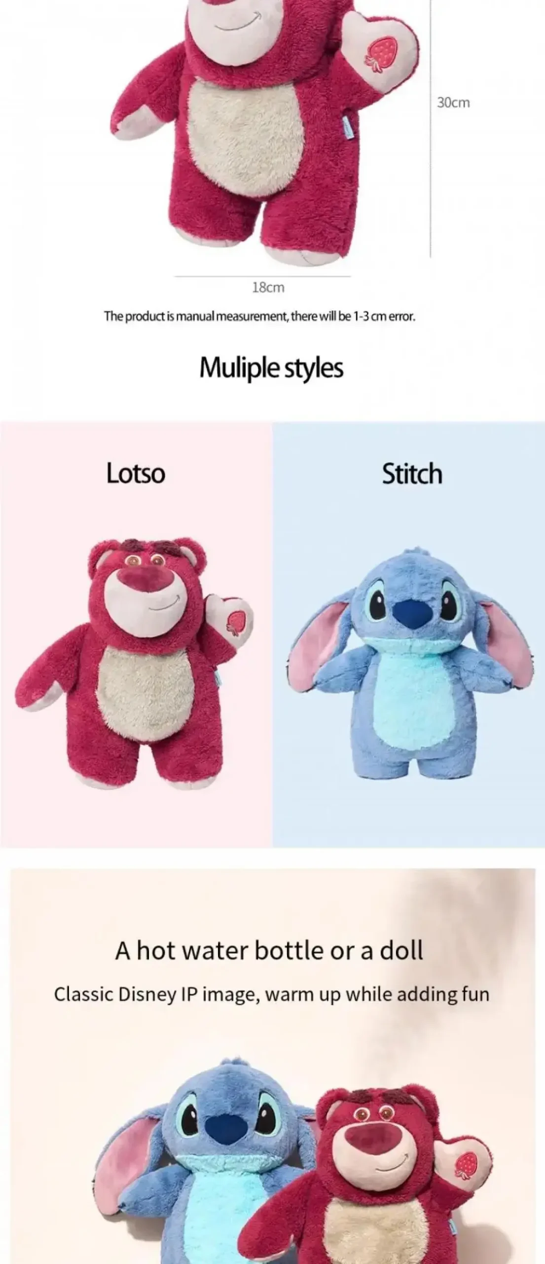Strawberry Bear Stitch Hot Water Bottle Cute Plush Warm Bag Winter Gift for Girls Dorm Essential