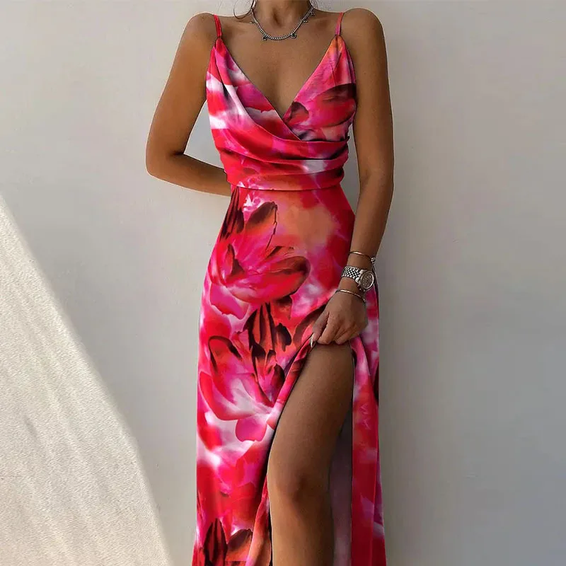 Long Dress Women's 2024 Summer Sleeveless Sexy Suspender V-Neck Slit Printed Dress Long Dress Women's 2024 Summer Sleeveless Sexy Suspender V-Neck Slit Printed Dress