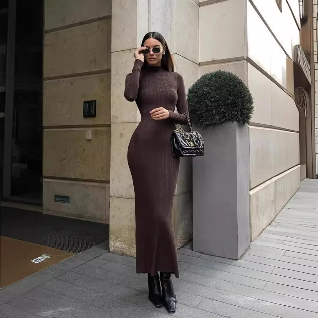 Women Elegant Long Sleeve Knitted Maxi Dress High Neck Bottoming Striped Sweater Slim Long Dress Bodycon Party Club Streetwear Women Elegant Long Sleeve Knitted Maxi Dress High Neck Bottoming Striped Sweater Slim Long Dress Bodycon Party Club Streetwear