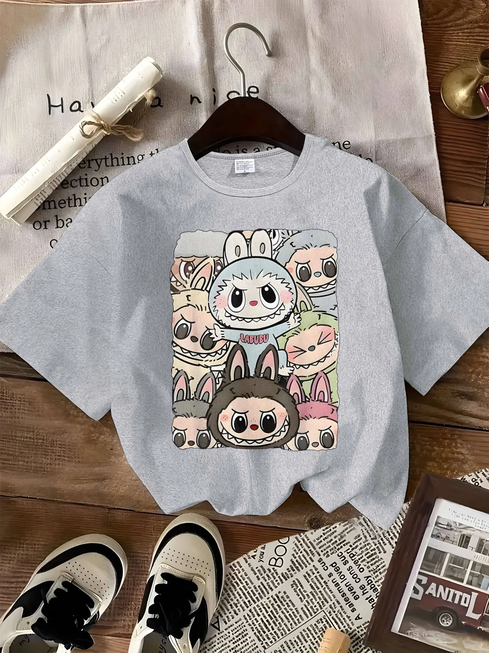 Cute Labubu Design T-shirt With A Classic Labubu Pose Is Suitable For Women's Casual Sportswear, Perfect For All Seasons Cute Labubu Design T-shirt With A Classic Labubu Pose Is Suitable For Women's Casual Sportswear, Perfect For All Seasons