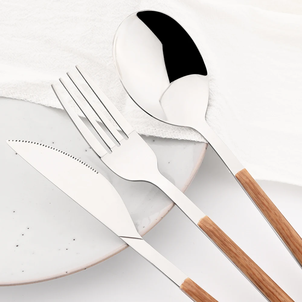 Imitation Wood Handle Cutlery Set Western Stainless Steel Tableware Set 16/24/30Pcs Kitchen Knife Fork Spoon Dinnerware Set Imitation Wood Handle Cutlery Set Western Stainless Steel Tableware Set 16/24/30Pcs Kitchen Knife Fork Spoon Dinnerware Set