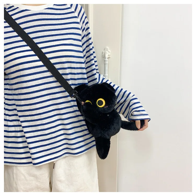 Black Cat Backpacks Big Eyes Kitten Doll Plush Kawaii Stuffed Animals Shoulder Bag Large-capacity Soft Toy Fashion Crossbody Bag