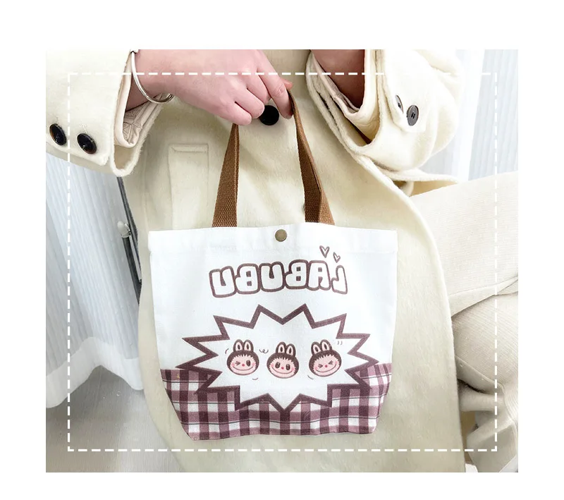 Kawaii Labubu Monster Canvas Tote Bag Simple Cartoon Shopping Bags Fashion Small Bags for Daily Folding Casual Handbag Pouch