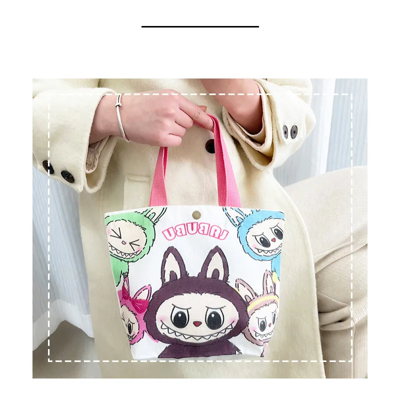 Kawaii Labubu Monster Canvas Tote Bag Simple Cartoon Shopping Bags Fashion Small Bags for Daily Folding Casual Handbag Pouch