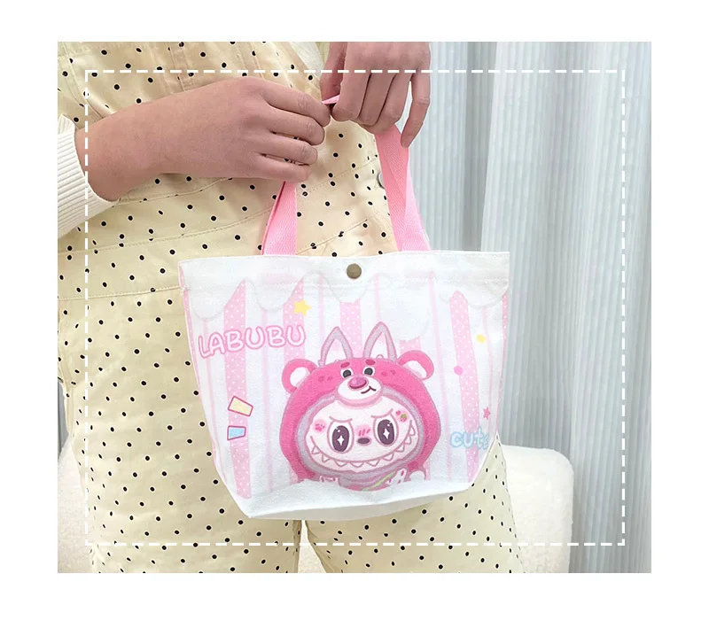 Kawaii Labubu Monster Canvas Tote Bag Simple Cartoon Shopping Bags Fashion Small Bags for Daily Folding Casual Handbag Pouch