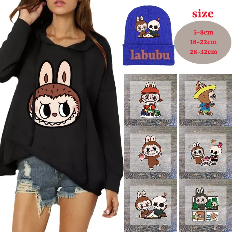 Labubu Iron on Patches for Clothing Anime Cartoon DIY Hoodie Hat T-shirt Heat Transfer Patch Clothes Custom Vinyl Sticker Gifts