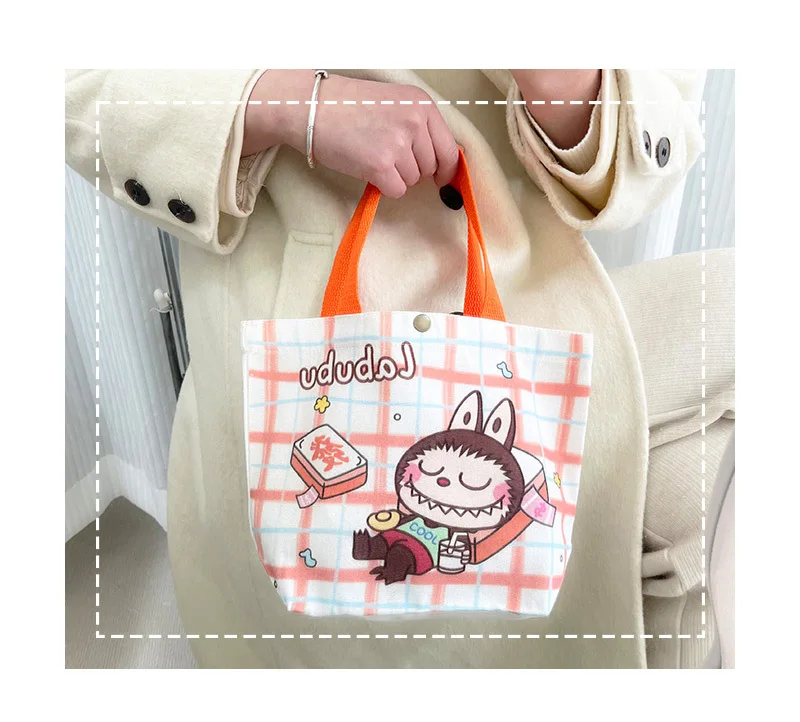 Kawaii Labubu Monster Canvas Tote Bag Simple Cartoon Shopping Bags Fashion Small Bags for Daily Folding Casual Handbag Pouch