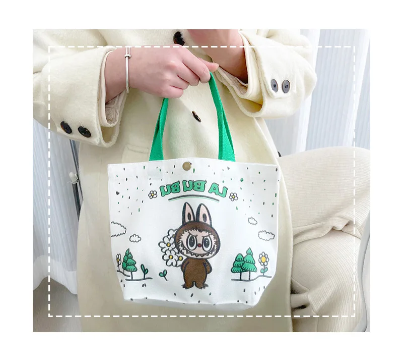 Kawaii Labubu Monster Canvas Tote Bag Simple Cartoon Shopping Bags Fashion Small Bags for Daily Folding Casual Handbag Pouch