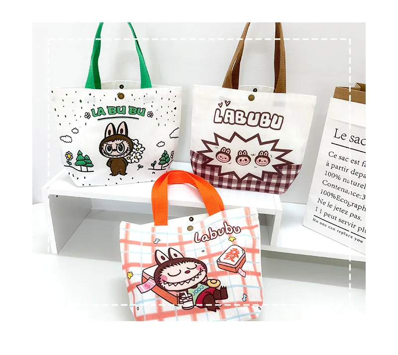 Kawaii Labubu Monster Canvas Tote Bag Simple Cartoon Shopping Bags Fashion Small Bags for Daily Folding Casual Handbag Pouch
