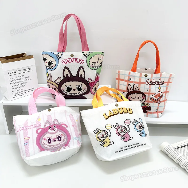 Kawaii Labubu Monster Canvas Tote Bag Simple Cartoon Shopping Bags Fashion Small Bags for Daily Folding Casual Handbag Pouch