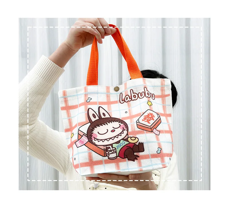 Kawaii Labubu Monster Canvas Tote Bag Simple Cartoon Shopping Bags Fashion Small Bags for Daily Folding Casual Handbag Pouch