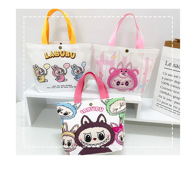 Kawaii Labubu Monster Canvas Tote Bag Simple Cartoon Shopping Bags Fashion Small Bags for Daily Folding Casual Handbag Pouch