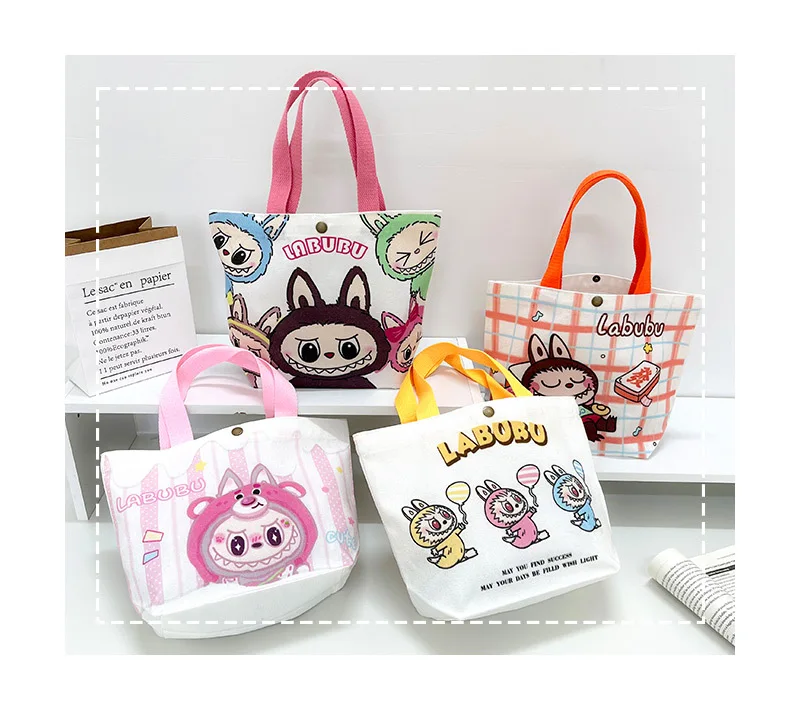 Kawaii Labubu Monster Canvas Tote Bag Simple Cartoon Shopping Bags Fashion Small Bags for Daily Folding Casual Handbag Pouch