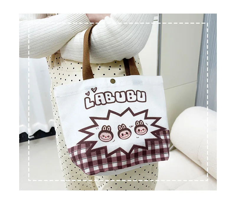 Kawaii Labubu Monster Canvas Tote Bag Simple Cartoon Shopping Bags Fashion Small Bags for Daily Folding Casual Handbag Pouch