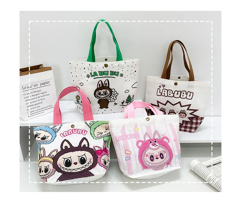 Kawaii Labubu Monster Canvas Tote Bag Simple Cartoon Shopping Bags Fashion Small Bags for Daily Folding Casual Handbag Pouch