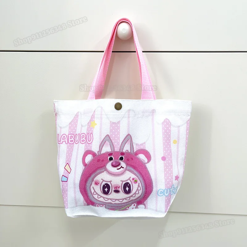 Kawaii Labubu Monster Canvas Tote Bag Simple Cartoon Shopping Bags Fashion Small Bags for Daily Folding Casual Handbag Pouch