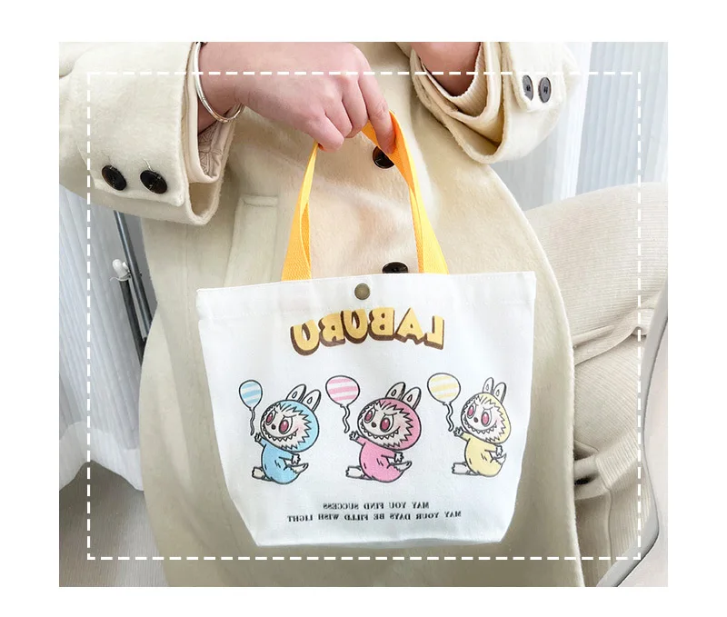 Kawaii Labubu Monster Canvas Tote Bag Simple Cartoon Shopping Bags Fashion Small Bags for Daily Folding Casual Handbag Pouch