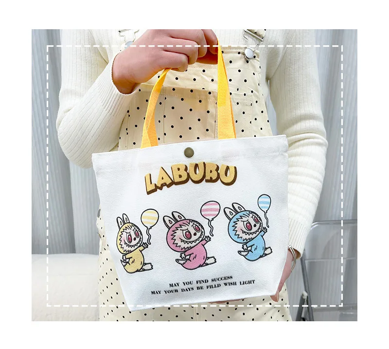 Kawaii Labubu Monster Canvas Tote Bag Simple Cartoon Shopping Bags Fashion Small Bags for Daily Folding Casual Handbag Pouch