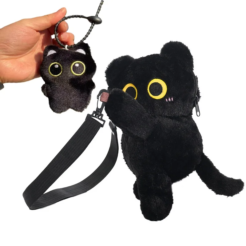 Black Cat Backpacks Big Eyes Kitten Doll Plush Kawaii Stuffed Animals Shoulder Bag Large-capacity Soft Toy Fashion Crossbody Bag