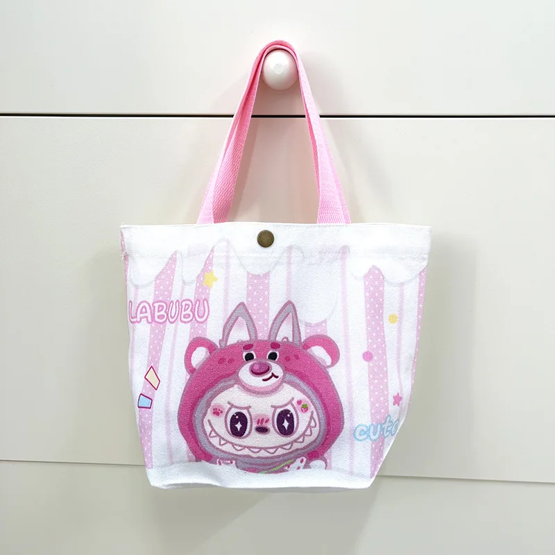 Kawaii Labubu Monster Canvas Tote Bag Simple Cartoon Shopping Bags Fashion Small Bags for Daily Folding Casual Handbag Pouch