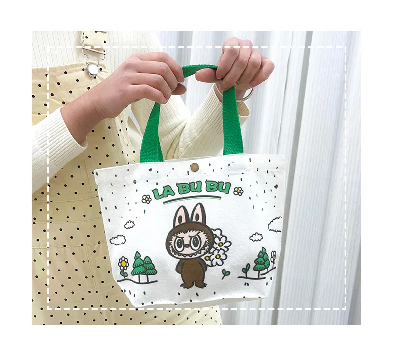 Kawaii Labubu Monster Canvas Tote Bag Simple Cartoon Shopping Bags Fashion Small Bags for Daily Folding Casual Handbag Pouch