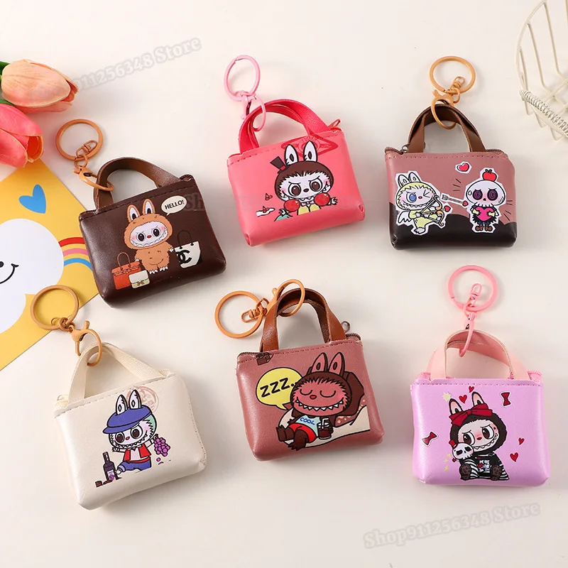 Cartoon Labubu Monster Keyring Exquisite Coin Purse Lightweight Keychain Leather Women's Portable Lipstick Headphone Storage Bag